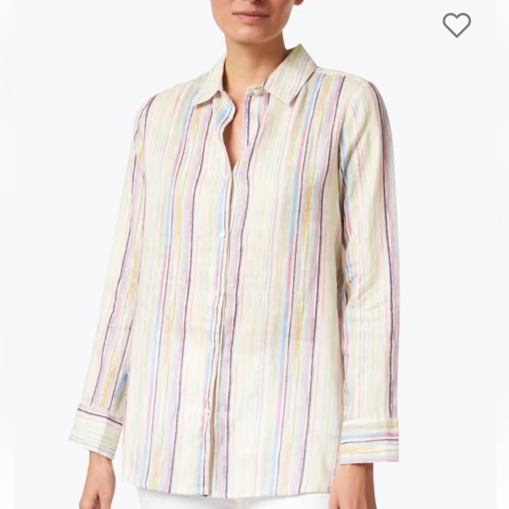 Ecru 100% Linen Shirt Size L Striped Button Front Coastal Cottage Multicolor